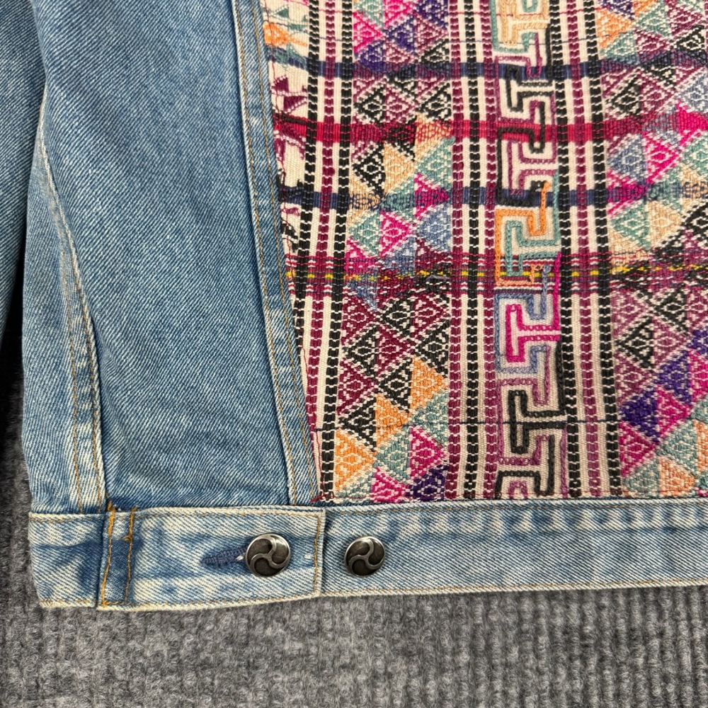 Vtg CULTURE on denim Jean Trucker Jacket Womens M Guatemalan Woven Textile Boho - Picture 10 of 16